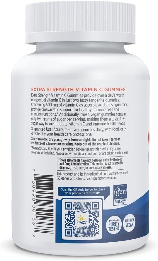 Nordic Naturals Vitamin C Extra Strength Gummies - Tangerine Flavor - 60 Gummies - 500 mg Vegan Vitamin C Supplement - Low-Sugar Immune - Support - 30 Servings