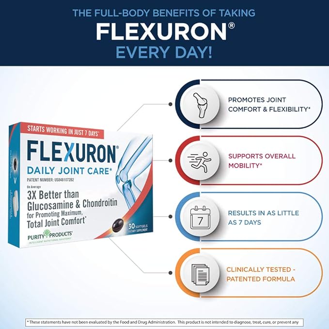 Purity Products Flexuron Joint Formula 3X Better Than Glucosamine and Chondroitin - Starts Working in just 7 Days - Krill Oil, Low Molecular Weight Hyaluronic Acid, Astaxanthin - 30 Count (3)