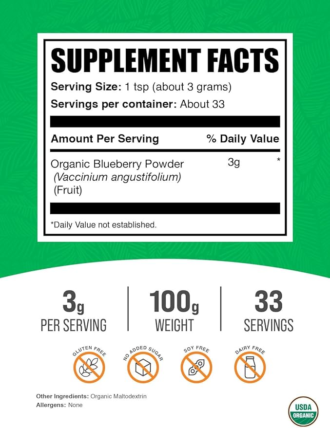 BulkSupplements.com Organic Blueberry Powder - Antioxidant Support, Bluberry Supplement - Vegan & Gluten Free, 3g per Serving, 100g (3.5 oz) (Pack of 1)