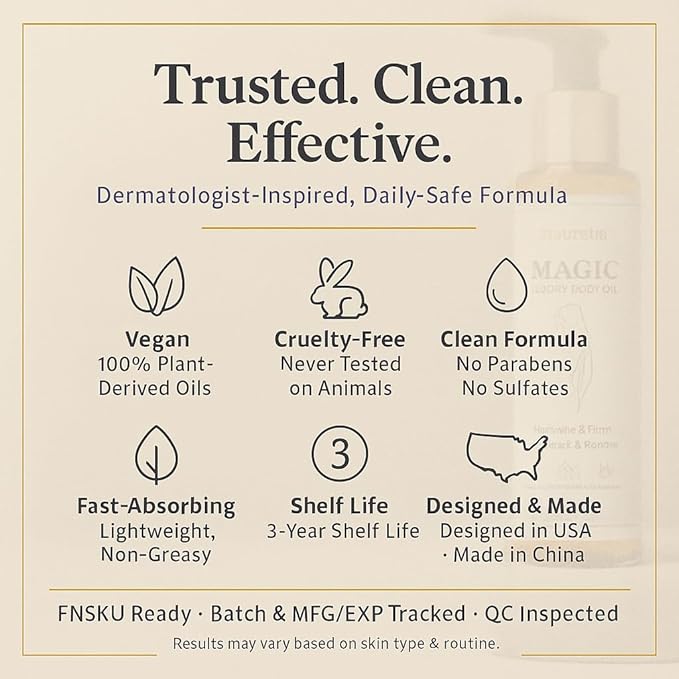 Magic Body Firming Oil – 50,000ppm Sweet Almond Oil + Rosehip & Evening Primrose Oils with Vitamin E & Essential Oils, Deep Hydration, Firming & Radiance, Lightweight Non-Greasy, 3.38 fl oz
