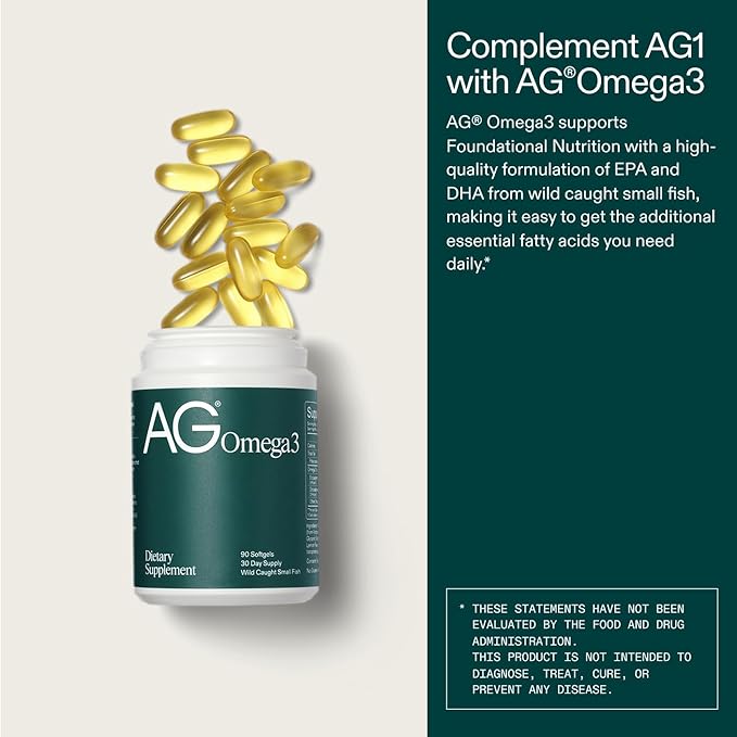 AG1 Omega 3 Fish Oil Softgels – 2000mg EPA & DHA from Wild-Caught Fish, Supports Heart, Brain & Joint Health | 90 Capsules | Athletic Greens Supplement