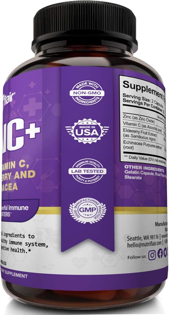 NutriFlair Zinc 50mg - with Vitamin C, Elderberry, Echinacea Purpurea Extract, Zinc Oxide - Compare with picolinate, Citrate, Oxide - Complete Immune Support Formula Pills with 4 Immune Defense