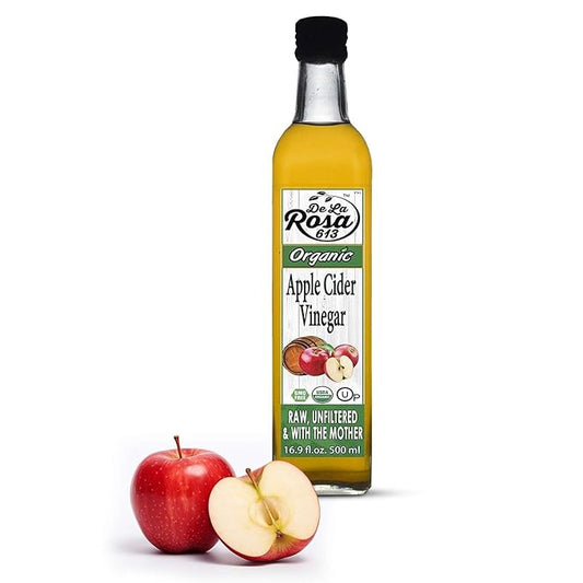 De La Rosa Organic Apple Cider Vinegar, Raw & Unfiltered with The Mother, Kosher for Passover, Vegan & Gluten-Free, Perfect for Salad Dressings & Marinades, 16.9 oz (Single Bottle)