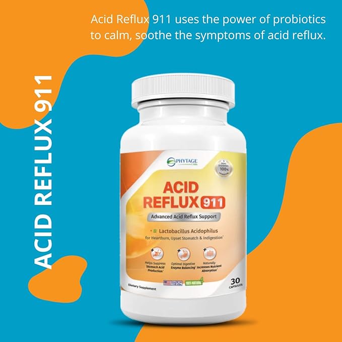 Natural Acid Reflux 911 Supplement Helps Relief Upset Stomach, Heartburn and Acid Indigestion - 100% Natural Powerful Acid Reducer For Fast Natural GERD And Heartburn Relief - 30 Capsules
