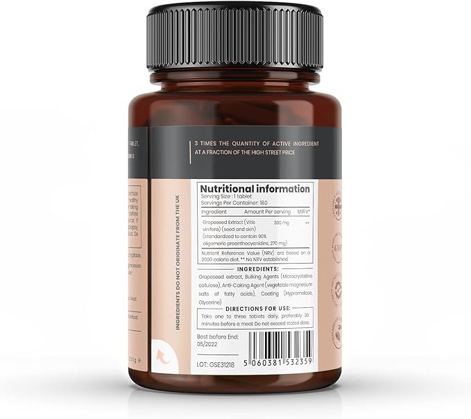 pureclinica Grape Seed Extract 300mg x 180 Tablets - 90% Oligomeric Proanthocyanidins. 300% Stronger Than Regular Grape Seed.
