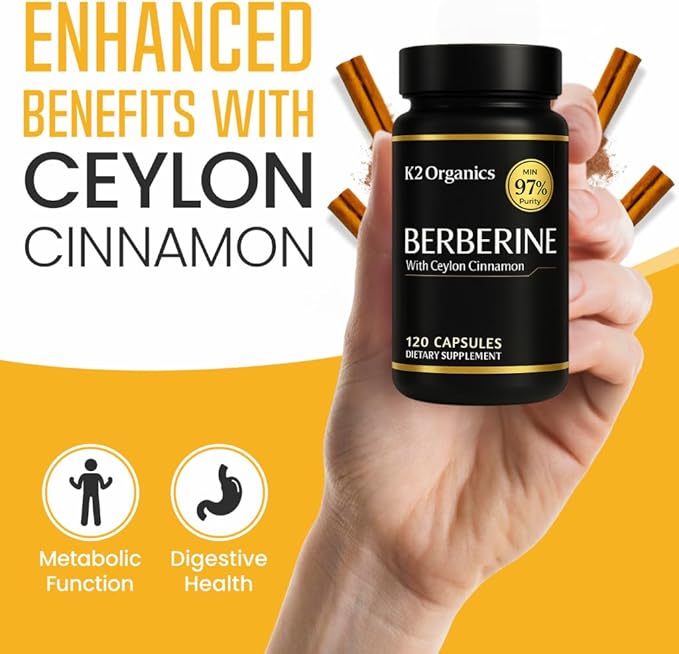 Berberine with Ceylon Cinnamon 1200mg – 97% Purity- Non-GMO, Gluten-Free, Lab-Tested Vegan Berberine Supplement (120 Count)