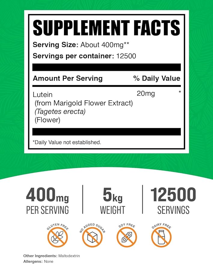 BulkSupplements.com Lutein Powder - from Marigold Flower Extract, Lutein Supplement, Lutein 20mg - Antioxidant Source, Gluten Free, 400mg per Serving, 5kg (11 lbs) (Pack of 5)