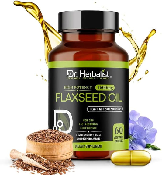 Dr. HERBALIST Flaxseed Oil 1600mg - 60 Capsules - Vegan, Gluten-Free, Source of Omega-3, 6 & 9 for Daily Nutrition