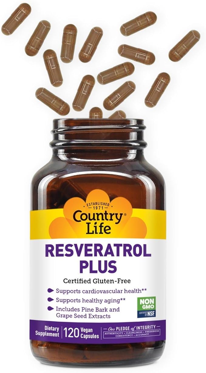 Country Life Resveratrol Plus 1000mg - Organic Antioxidant Supplement with Pine Bark & Grape Seed Extracts - Vegan, Gluten-Free, Non-GMO