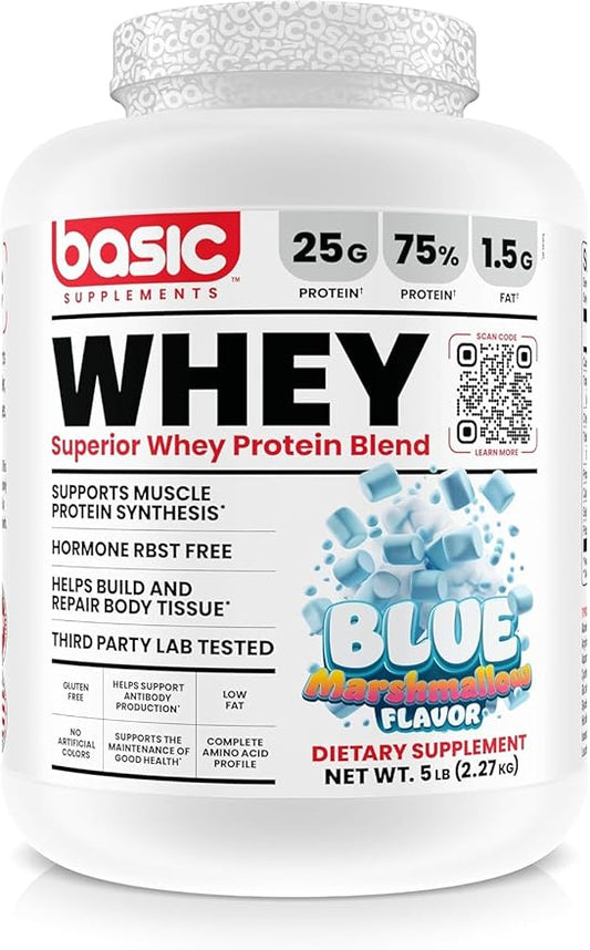 Whey Protein Powder, 25g Protein, Complete Amino Acid Profile, Gluten-Free, Low Fat, RBST-Free, Supports Muscle Recovery & Antibody Health (5 Pound, Blue Marshmallow)