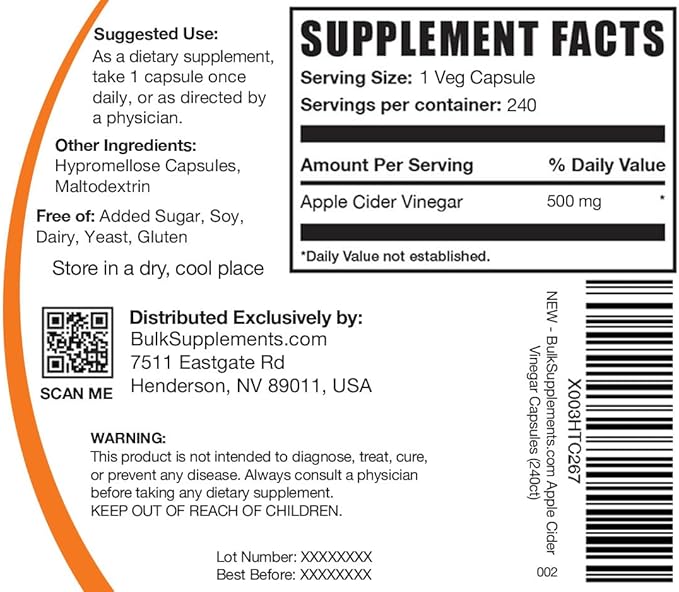 BulkSupplements.com Apple Cider Vinegar Capsules - ACV Capsules, Apple Cider Vinegar Supplements, Apple Cider Vinegar 500mg - Gluten Free, Capsule per Serving, 240 Capsules (Pack of 1)