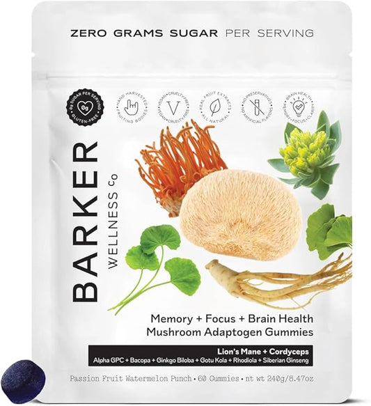 Barker Wellness Mushroom Adaptogen Gummies | Memory, Focus & Brain Health | Lions Mane, Cordyceps, Cognizin | Vegan, Sugar-Free | Passion Fruit Watermelon Flavor | 60 Gummies