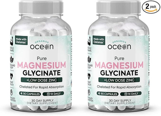 Pure Magnesium Glycinate with Zinc - Maximum Strength Chelated Magnesium Supplement for Women and Men for Muscle Cramps and Sleep Support - 2 Bottles