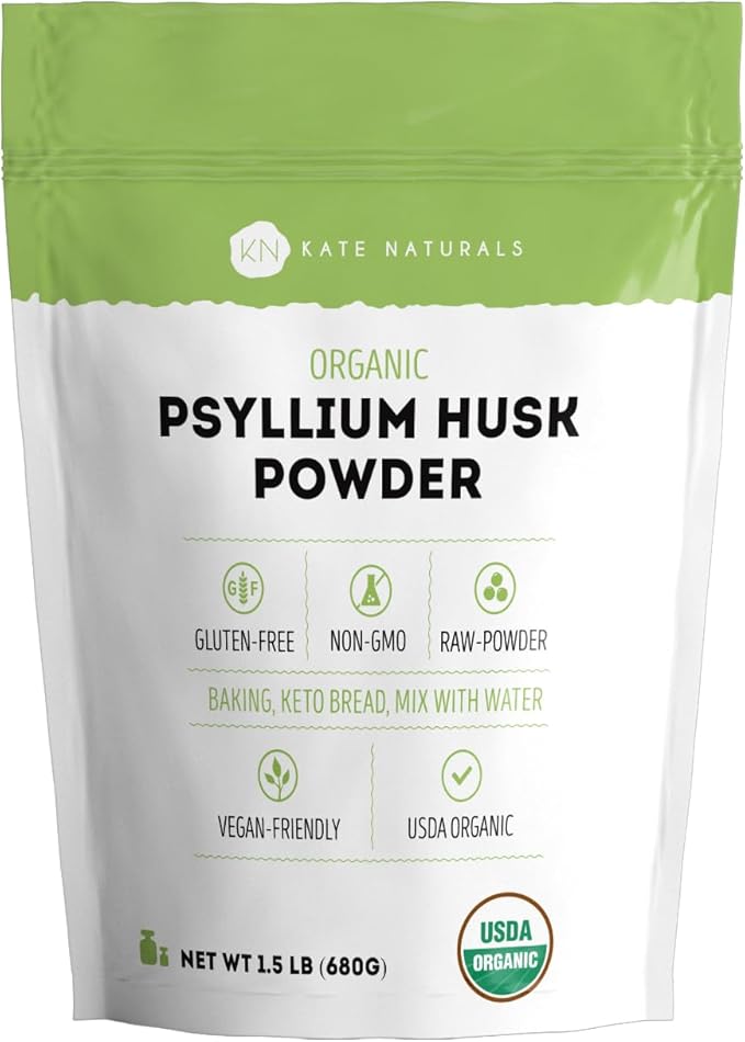 Kate Naturals Psyllium Husk Powder for Baking, Fiber. Psyllium Seed Powder for Dogs & Cats (1.5lb, Organic, Gluten Free, Pet Safe)