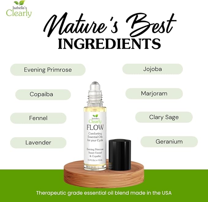 Flow Essential Oil Roll On for Women | Natural Aromatherapy Blend for PMS Support, Balance, Mood, and Comfort with Evening Primrose, Clary Sage, Copaiba, Fennel