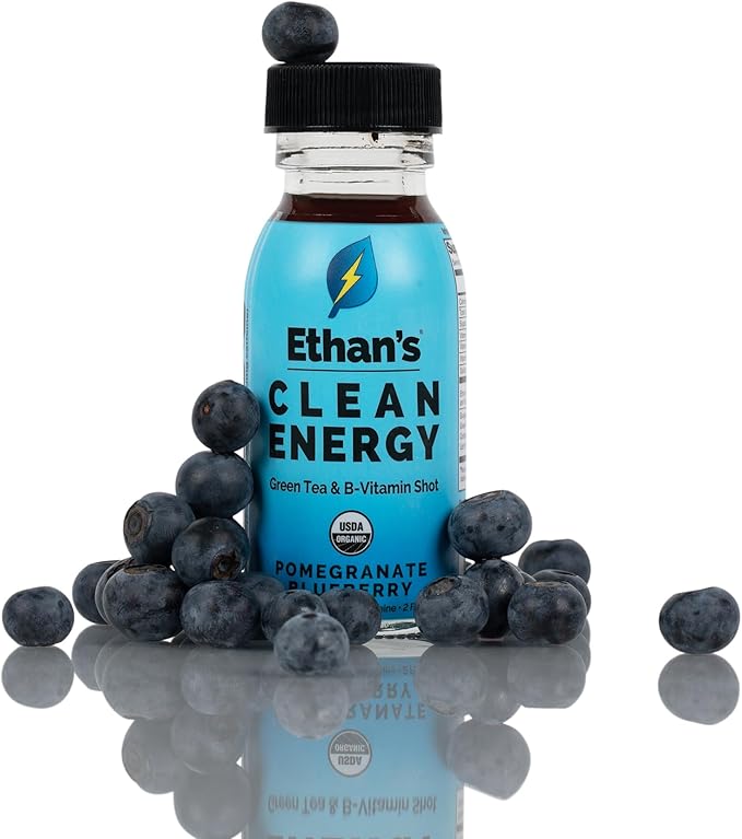 Ethan's Organic Clean Energy Shots Pomegranate Blueberry, Sugar Free Natural Pre-Workout Focus Boost, Gluten Free, Vegan, B6 & B12 Vitamin C with Green Tea Extract and Guayusa (12 Pack of 2oz Shots)