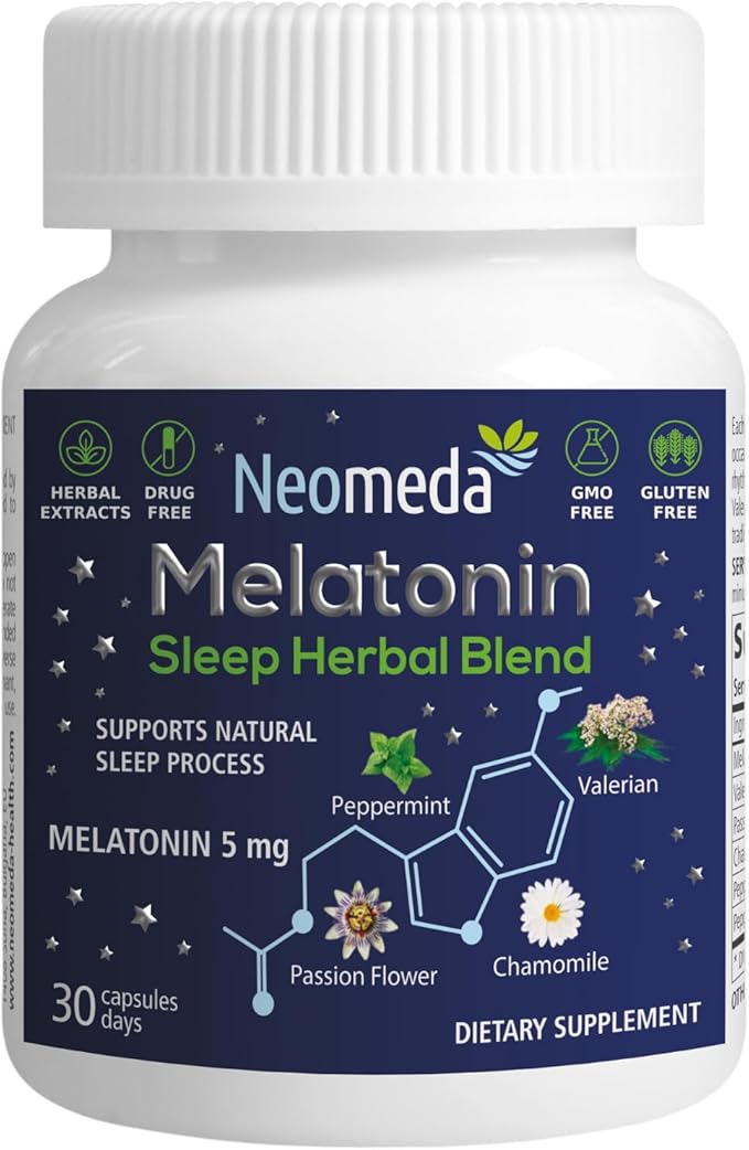 Melatonin Sleep Herbal Blend - Natural Sleep Support for Restful Nights with Melatonin 5mg & Calming Herbs - Drug-Free Dietary Supplement, 30 Capsules, 30-Day Supply