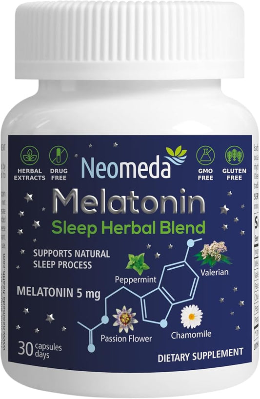 Melatonin Sleep Herbal Blend - Natural Sleep Support for Restful Nights with Melatonin 5mg & Calming Herbs - Drug-Free Dietary Supplement, 30 Capsules, 30-Day Supply