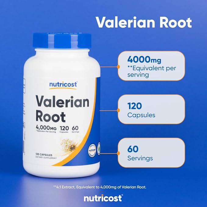 Nutricost Valerian Root Capsules (1000mg Per Serving) 120 Capsules - 4,000mg Equivalent Per Serving (4:1 Extract), Vegetarian Caps, Gluten Free, Non-GMO