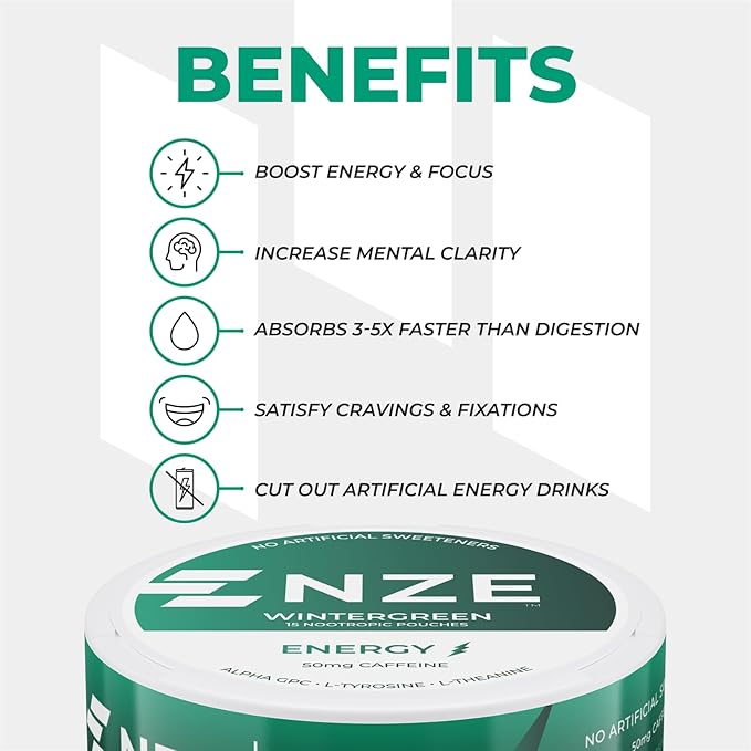 NZE Caffeine Nootropic Pouches (Wintergreen) - Energy Pouches with 50mg Caffeine, Alpha GPC, L-Tyrosine & L-Theanine with No Sugar or Artificial Sweeteners - 15 Nicotine Free Pouches Per Can - 5 Pack