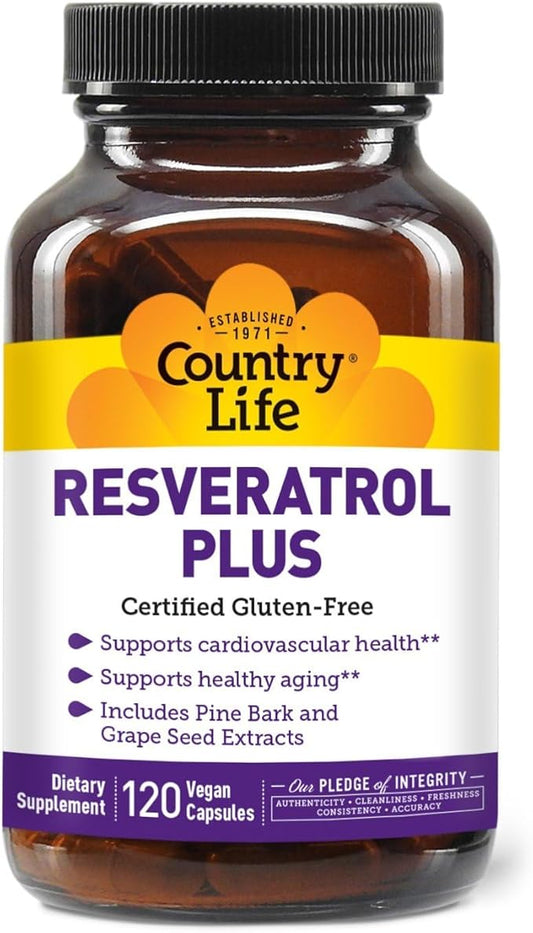 Country Life Resveratrol Plus 1000mg - Organic Antioxidant Supplement with Pine Bark & Grape Seed Extracts - Vegan, Gluten-Free, Non-GMO