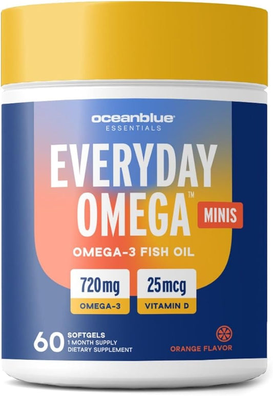 Oceanblue Omega 3 Supplement for Women | Burpless Fish Oil 720mg with Vitamin D3 | Small Pills Easy to Swallow Mini Softgels | Heart Immune Support Orange Flavor (60 Count Minicap)