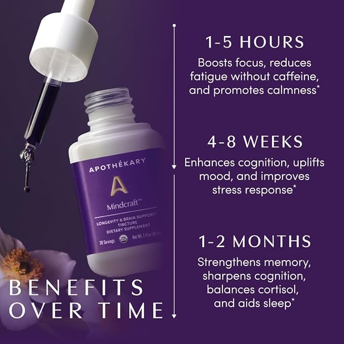 Apothékary Mindcraft Tincture, Cognition & Focus, Longevity and Anti-Aging Herbal Supplement, Brain Health Support, Vegan, 30 Servings