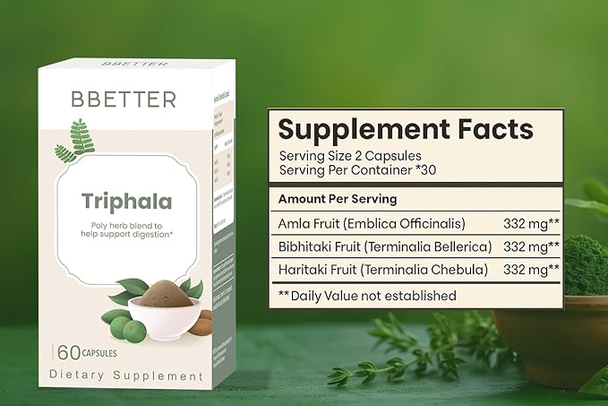 BBETTER Triphala – Ayurvedic Herbal Supplement with Amla, Haritaki & Bibhitaki for Occasional Constipation & Bloating – Supports Digestion, Healthy Bowel Function, Colon Cleanse & Detox - 60 Capsules