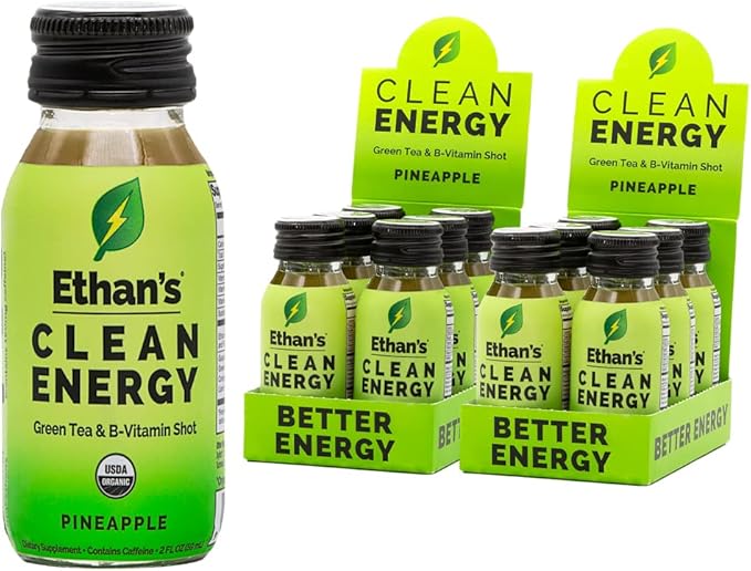 Ethan's Organic Clean Energy Shots Pineapple, Sugar Free Natural Pre-Workout Focus Boost, Gluten Free, Vegan, B6 & B12 Vitamin C with Green Tea Extract and Guayusa (12 Pack of 2oz Shots)