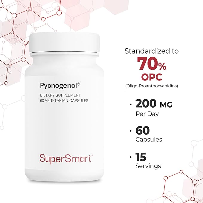 Supersmart Pycnogenol 200mg per Day (Patented & Highly Bioavailable) - French Maritime Pine Bark Extract | Non-GMO & Gluten Free - 60 Vegetarian Capsules