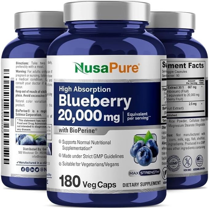 NusaPure Blueberry Concentrate 20,000mg - 180 Veggie Powder caps (Extract 30:1, 100% Vegetarian, Non-GMO)