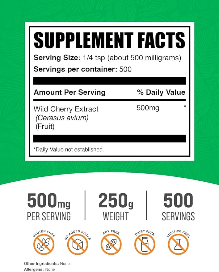 BulkSupplements.com Wild Cherry Extract Powder - Cherry Supplement, Herbal Supplement - Gluten Free, 500mg per Serving, 250g (8.8 oz) (Pack of 1)