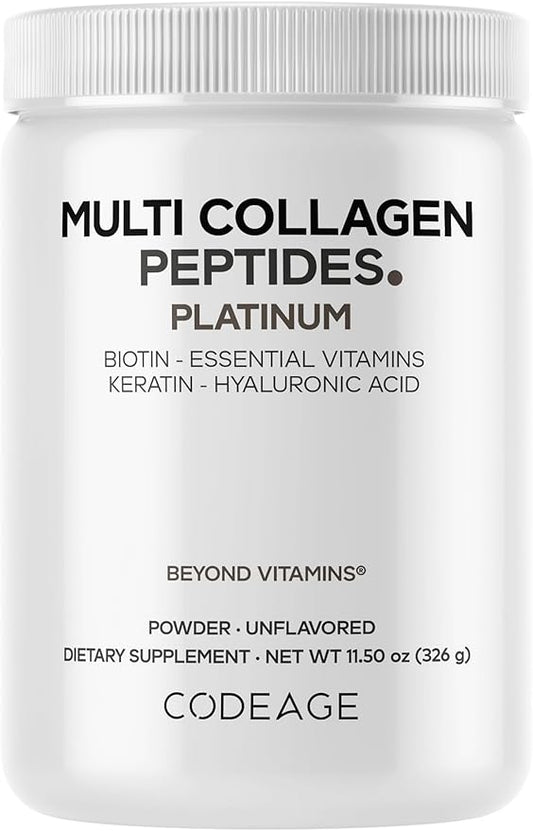 Codeage Multi Collagen for Women & Men Biotin 10000mcg Keratin, Protein Powder Vitamin C B6 D3, Hyaluronic Acid, Niacin - Hydrolyzed Collagen Coffee Creamer 5 Types - Unflavored - Non-GMO - 11.5oz