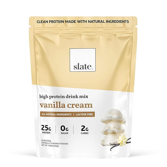 Slate Milk -High Protein Drink Mix Powder -Vanilla Cream,28 Servings Bag - Lactose Free,25g Protein,0g Sugar,105 Calories,2g Carbs,All Natural Ingredients - Breakfast Boost - Post Workout -1.85 lbs