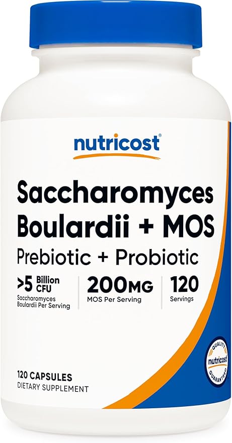 Nutricost Saccharomyces Boulardii + MOS Capsules (>5 Billion CFU) 120 Capsules - Prebiotic + Probiotic, 200mg of MOS Per Serving