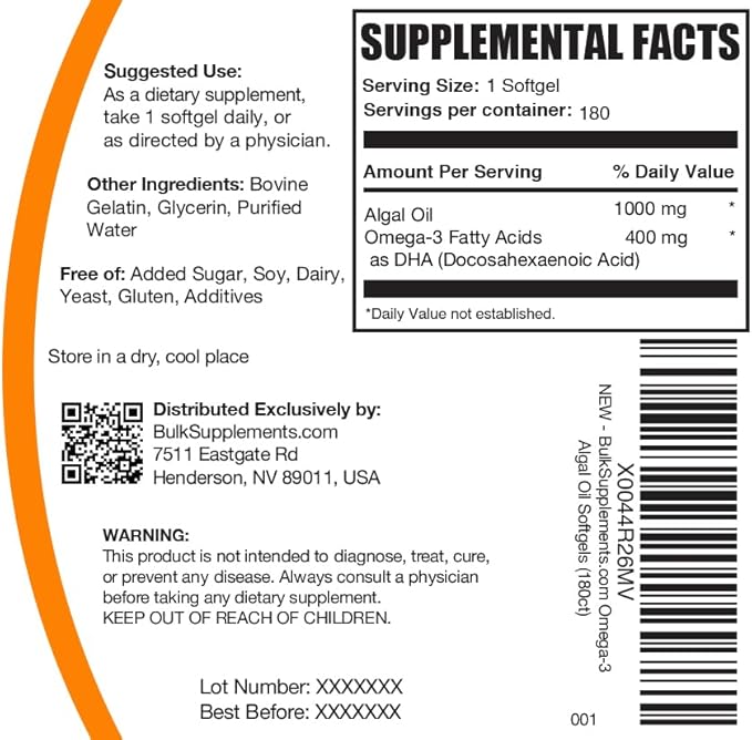 BulkSupplements.com Omega-3 Softgels - from Algal Oil, Algae Oil Omega 3 Supplement - Gluten Free, 1 Softgel per Serving, 180 Count (Pack of 1)