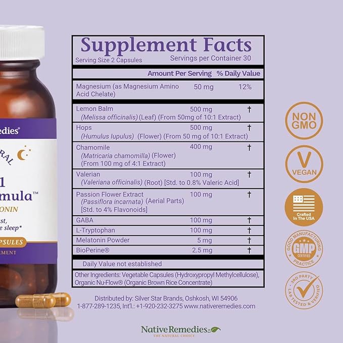 Native Remedies 10-in-1 Natural Sleep Aid for Adults & Kids 4+ – Herbal Sleep Supplement with Melatonin 5mg, Magnesium, Valerian Root, Chamomile & L-Tryptophan – Non-Habit Forming, Vegan, 60 Capsules
