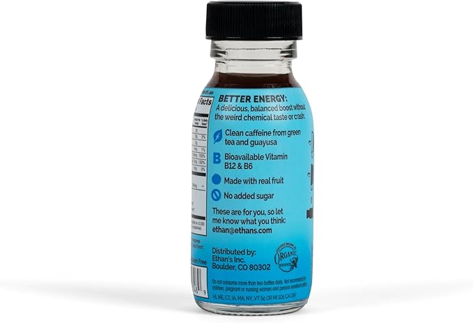 Ethan's Organic Clean Energy Shots Pomegranate Blueberry, Sugar Free Natural Pre-Workout Focus Boost, Gluten Free, Vegan, B6 & B12 Vitamin C with Green Tea Extract and Guayusa (12 Pack of 2oz Shots)