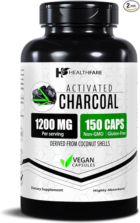 Activated Charcoal Capsules 1200mg | 150 Veg Capsules (Pack of 2) | Derived from Coconut Shells | Highly Absorbent | Non-GMO | Made in The USA