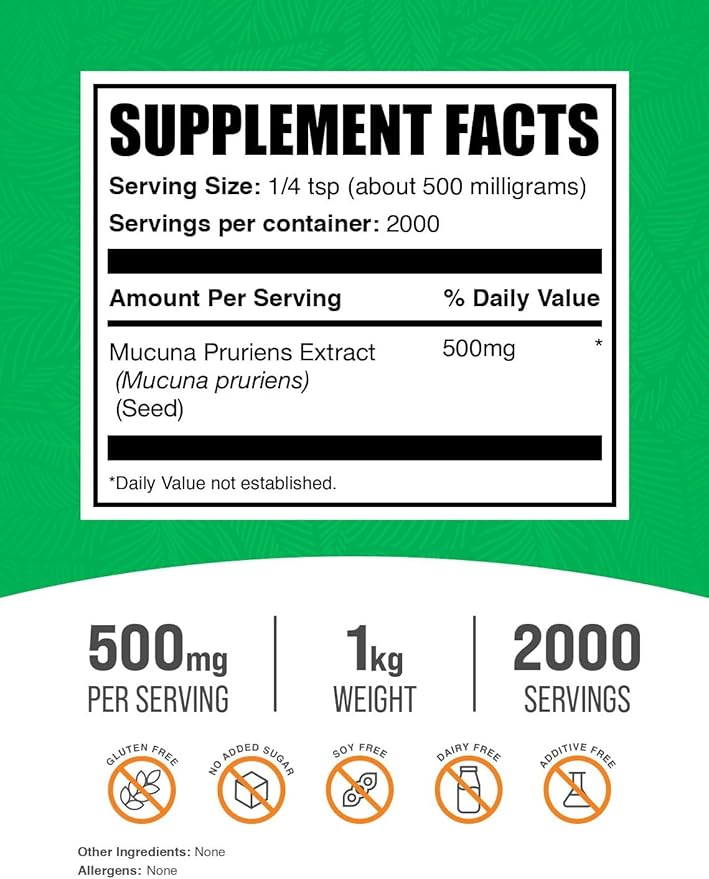 BulkSupplements.com Mucuna Pruriens Extract Powder - Mucuna Pruriens Supplements, Herbal Supplement - Vegan & Gluten Free, 500mg per Serving, 1kg (2.2 lbs) (Pack of 1)