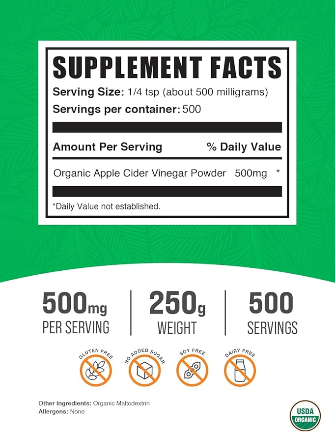 BulkSupplements.com Organic Apple Cider Vinegar Powder - Apple Cider Vinegar Supplement, ACV for Digestive Support - Vegan & Gluten Free, 500mg per Serving, 250g (8.8 oz) (Pack of 1)