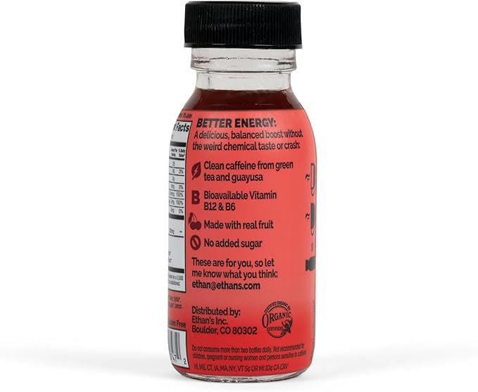 Ethan's Organic Clean Energy Shots Tart Cherry Ginger, Sugar Free Natural Pre-Workout Focus Boost, Gluten Free, Vegan, B6 & B12 Vitamin C with Green Tea Extract and Guayusa (12 Pack of 2oz Shots)