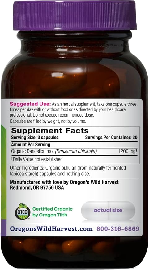 Oregon's Wild Harvest Dandelion Root Organic Supplement | Traditional Herbal Bitter, 90 Vegan Capsules