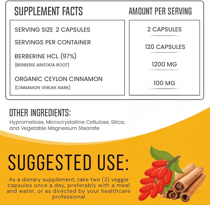 Berberine with Ceylon Cinnamon 1200mg – 97% Purity- Non-GMO, Gluten-Free, Lab-Tested Vegan Berberine Supplement (120 Count)