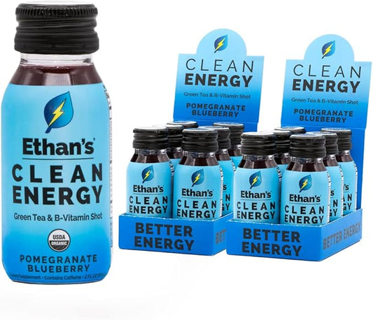 Ethan's Organic Clean Energy Shots Pomegranate Blueberry, Sugar Free Natural Pre-Workout Focus Boost, Gluten Free, Vegan, B6 & B12 Vitamin C with Green Tea Extract and Guayusa (12 Pack of 2oz Shots)