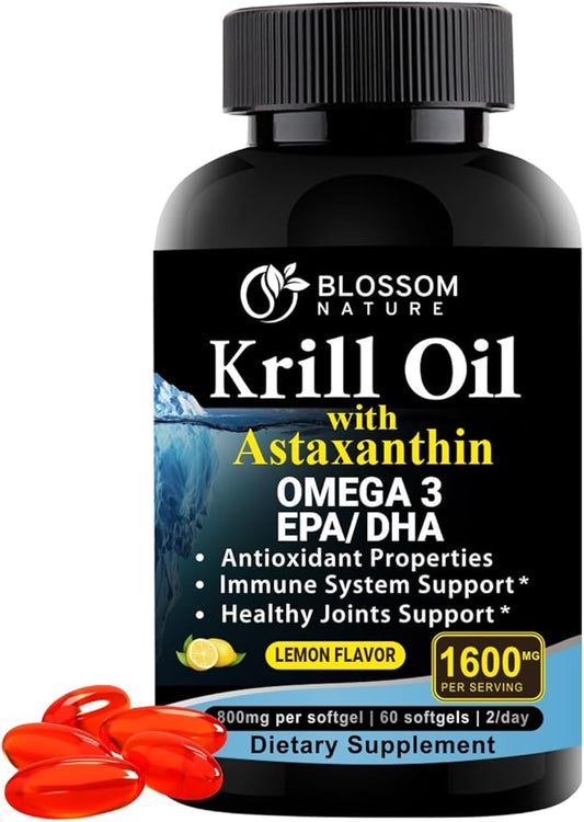 Antarctic Krill Oil Softgels–1600mg per Serving with 2mg Astaxanthin, High Omega‑3 (174mg EPA & 120mg DHA) in Phospholipid Form–Supports Joint, Heart, Skin & Brain Health–60 Lemon-Flavored Softgels