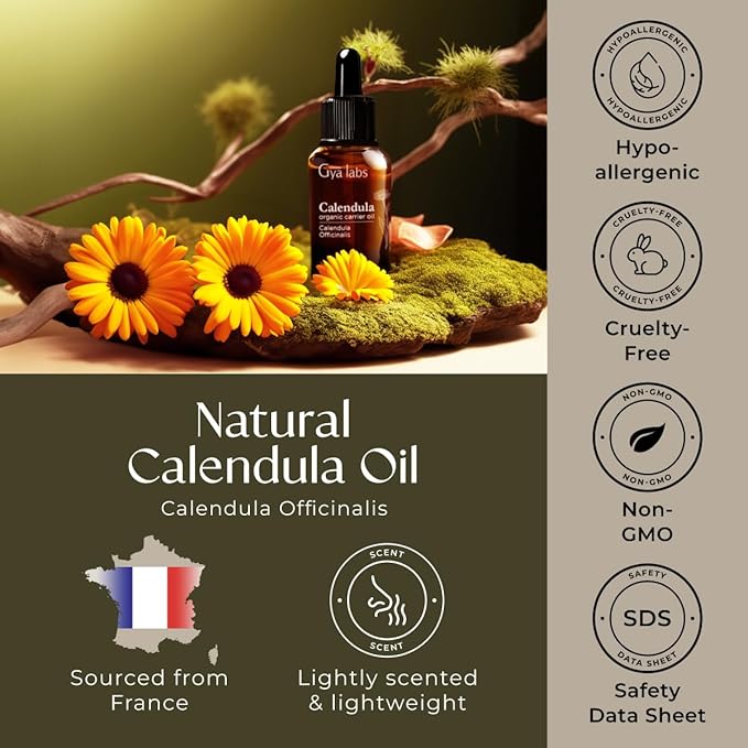 Gya Labs Calendula Carrier Oil - 1 fl oz - Premium Carrier Oil - Nourishing for Skin, Face, Body, Scalp & Hair - Soothing Oil & Moisturizer For Sensitive Skin - 100% Natural Plant Based & Hydrating