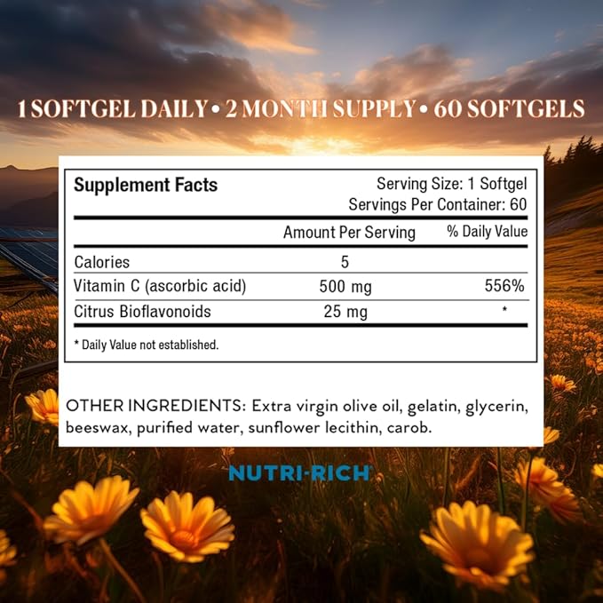 Nutri-Rich Vitamin C 500mg – Softgels with 25 Bioflavonoids – Antioxidant, Immune & Skin Health Support – Gluten-Free, Third-Party Quality Tested – 60 Count for Adults