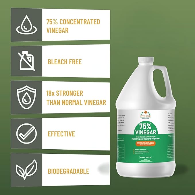 75% Vinegar Concentrated | White Vinegar for Cleaning and Garden | Home, and Outdoor Pure | Max Performance 18X Power | with Instructions 8 Gallons (1024 fl oz)