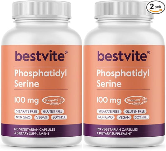 BESTVITE Phosphatidylserine 100mg per Capsule (240 Vegetarian Capsules) (120x2) with Sharp-PS® Green - Patented and Clinically Tested - Stearate Free - Soy Free - Gluten Free - Vegan - Non GMO